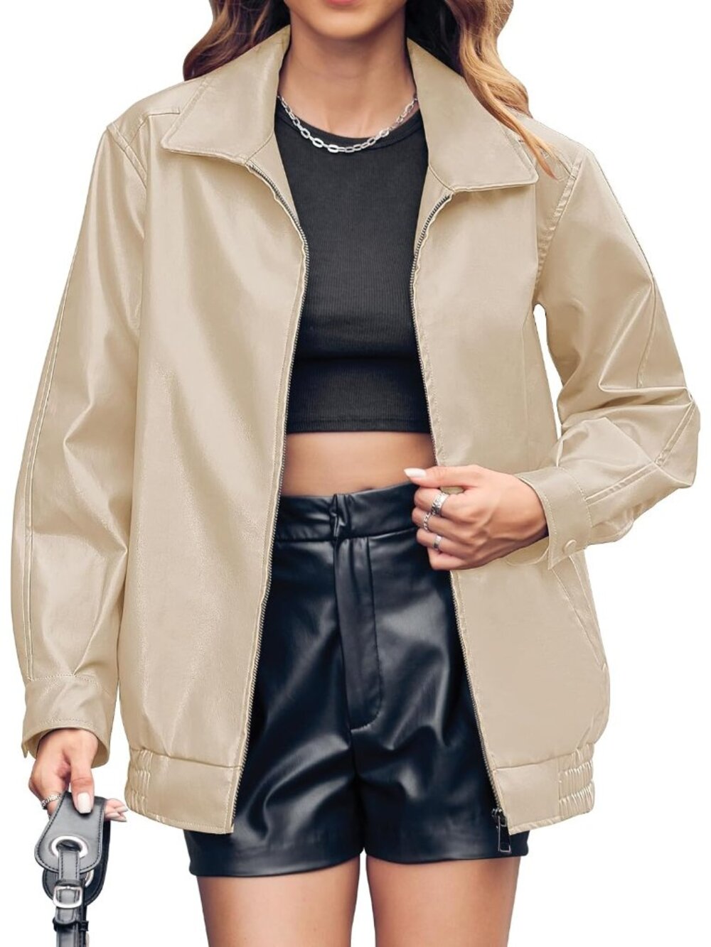 Women's Beige Faux Leather Oversized Bomber Jacket ZIP Up Casual Coat